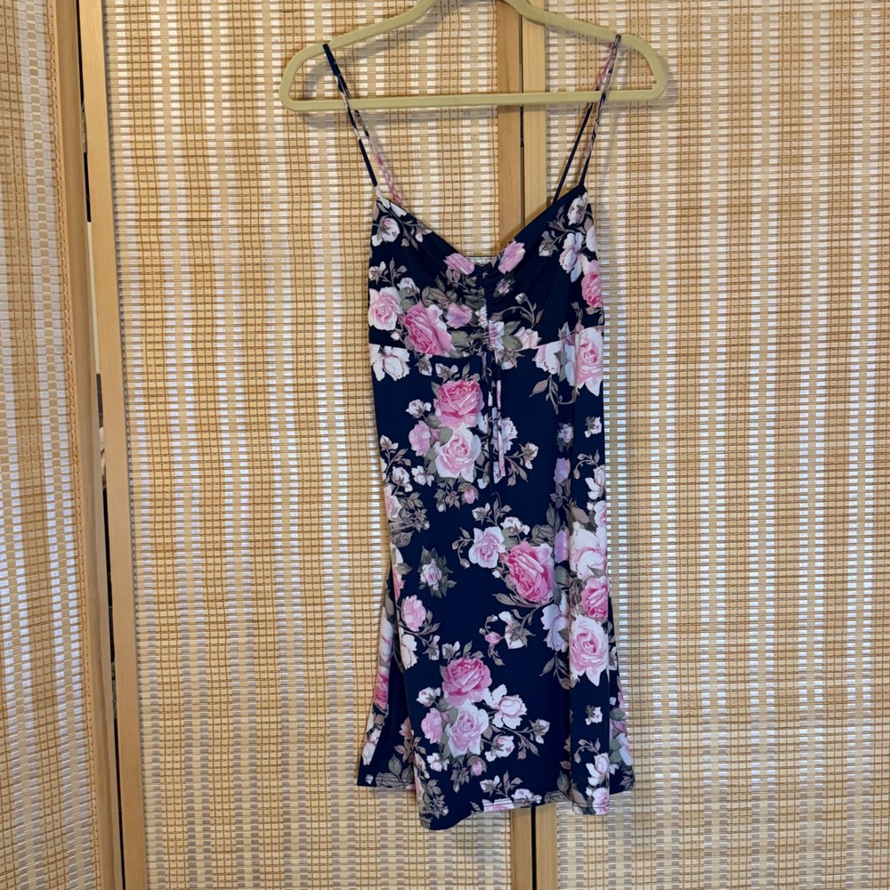 TMG New York Navy Pink Floral Ruched Bust Spaghetti Strap Mini Dress Large